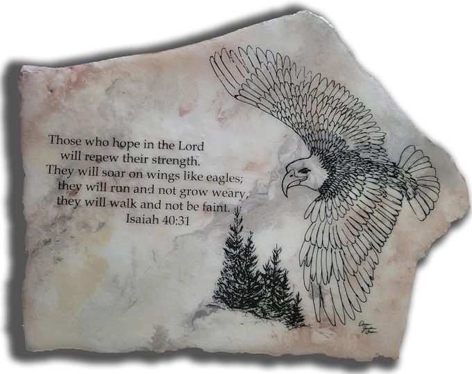 Hand painted artwork on stone with Bible Verse Isaiah 40:31