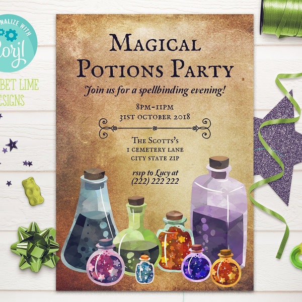 Bewerkbare Potion Party uitnodiging, Instant download uitnodiging, Wizard Party uitnodigen, 5x7 Witch Party Uitnodigen, Verjaardagsfeestje, Halloween Uitnodigen