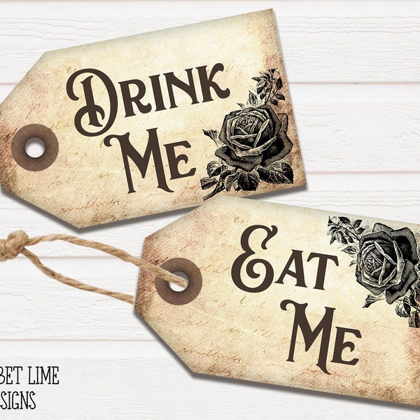Printable Alice's Adventures in Wonderland Tags, Vintage Eat Me, Drink Me tags, Party Favours, Potion Labels, Paper craft, Scrapbooking, 143