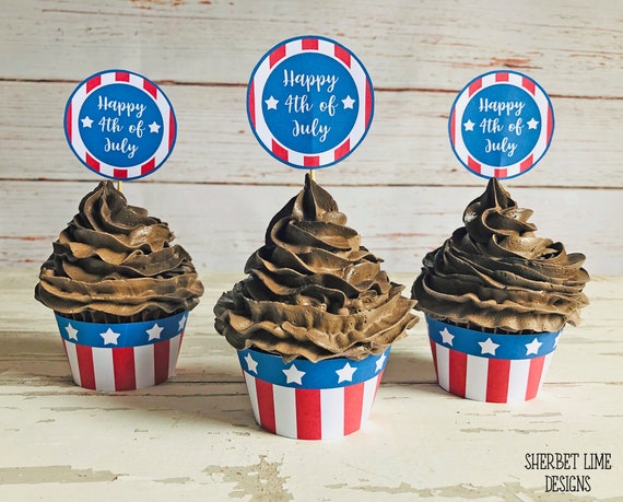 Printable Happy 4th of July Cupcake Wrappers and Toppers, 4th July Party, Independence Day Party, Fourth of July Party Decor, USA Party, 723 Il_570xn