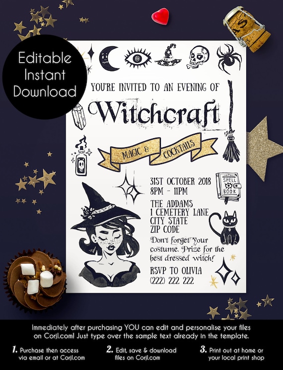Editable Glamorous Witch Party Invitation | 5x7 Invite | Halloween | Birthday | Bachelorette Party | Baby Showers • INSTANT DOWNLOAD • Il_570xn