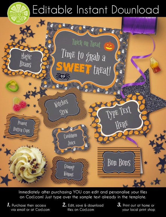 Editable Halloween Party Candy Labels | Food labels | Sweet Labels | Tent Cards| 8x10 Sign • INSTANT DOWNLOAD • Printable, Editable Template Il_570xn