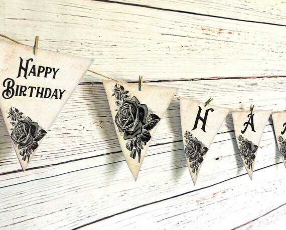 Printable Vintage Rose Bunting Banner, Vintage Party, Floral Wedding Garland, Tea Party Bunting, Alice in Wonderland Floral Banner Flag, 143 Il_570xn