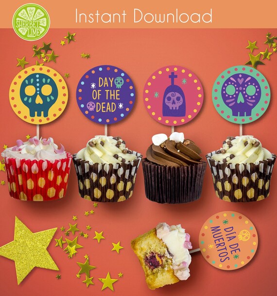 Sugar Skull Day of the Dead Cupcake Toppers printable design | Party Printables | Día de Muertos Party Supplies • INSTANT DOWNLOAD • Il_570xn