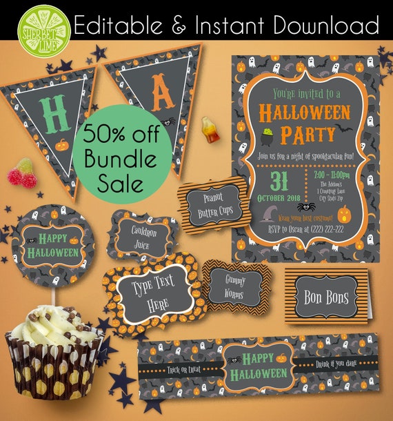 50% OFF Halloween Party Bundle | Candy labels | Invitation | Bunting | Bottle Labels | Cupcake Topper • INSTANT DOWNLOAD • Il_570xn
