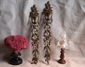 Set of 2 Antique french bronze decorative furniture hardware. Louis XVI decor Torch Arrows Empire style Flower garlands