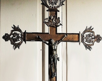 One Antique french HUGE standing church altar crucifix. Bronze and brass. Christ on the Cross. Calvary. Golgotha. Catholic decor