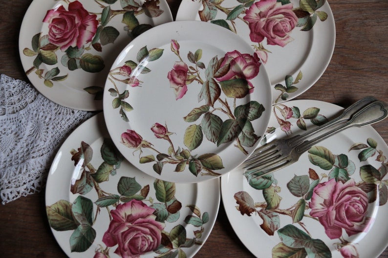 Set of 5 antique English ironstone flat dinner plates. Botanical print. Polychrome Victorian roses. George Jones & Sons crescent. Our Roses image 1