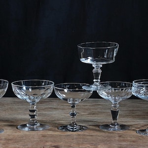 Set of 6 mismatched Antique french crystal champagne coupes. Mouth blown crystal champagne glass set Baccarat/St. Louis late 1800-early 1900
