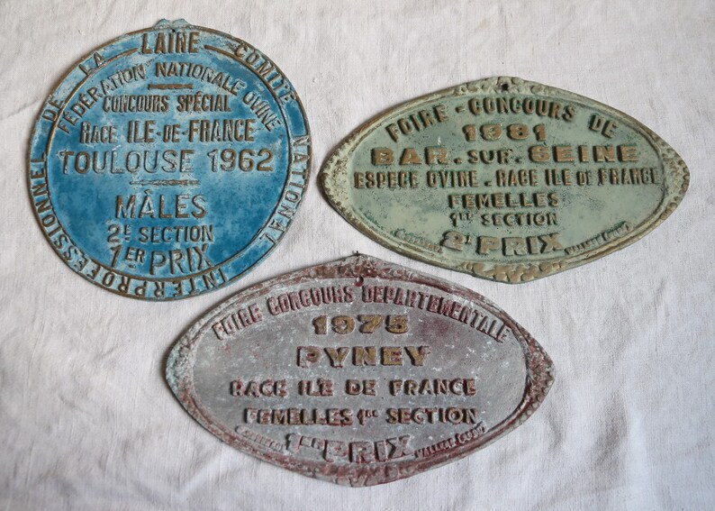 Set of 3 Vintage french farming award prize plaques. Shabby french rustic Farmhouse decor. Mudroom. Brasserie. French kitchen. Game room image 1