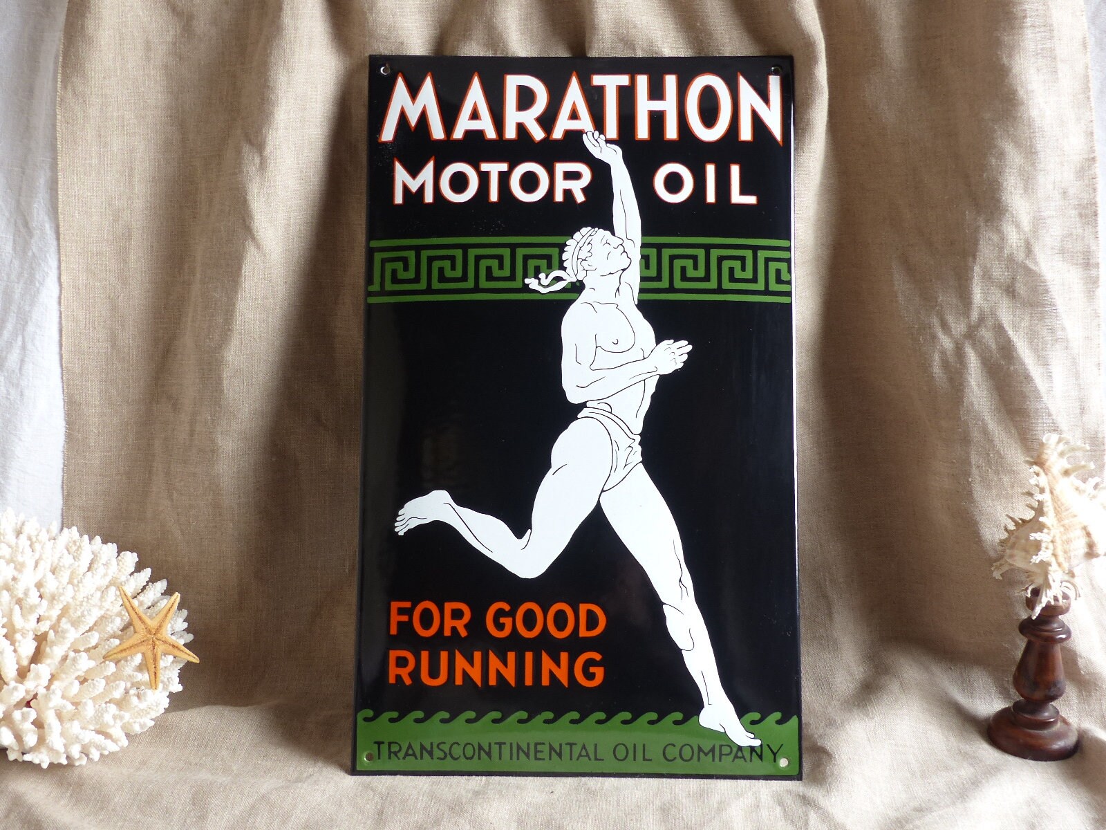 Enseigne d'huile Marathon en Émail Vintage. Panneau Publicitaire Repro Émaillé. Atelier Garage Panne