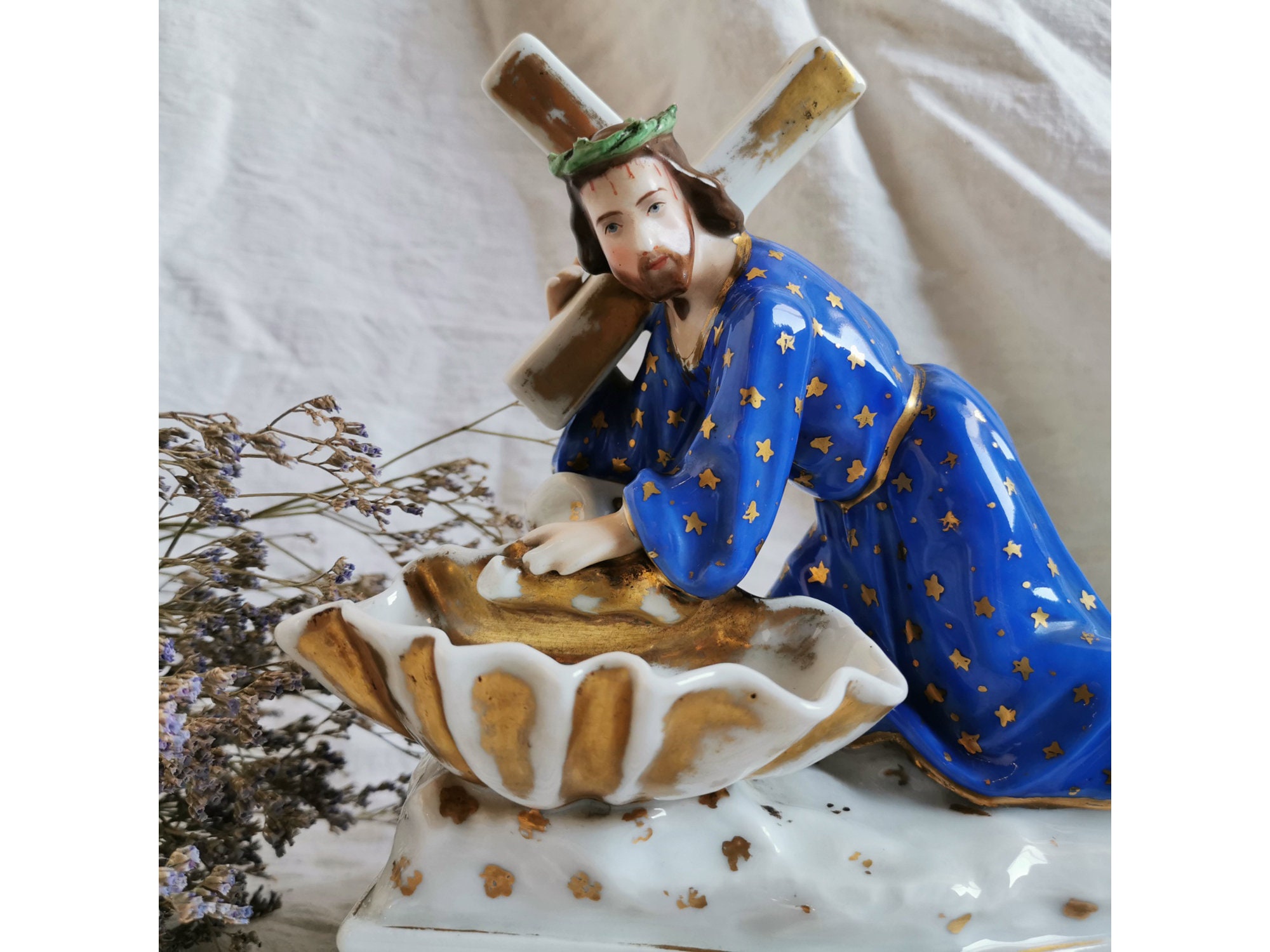 Antique Français Police d'eau Bénite en Porcelaine de Paris. Porcelaine Peinte à La Main Dorée. Le C