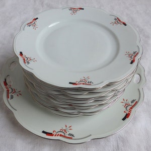 Antique Czech art deco porcelain dessert service. 10 dessert plates plus 1 cake platter.  Delicate art deco design cake plates set.