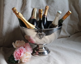 Cubitera grande de plata francesa vintage para champán o vino con diseño de uvas, hojas y vides. Elegante decoración para bar. Regalo ideal para bodas, Año Nuevo y Navidad.