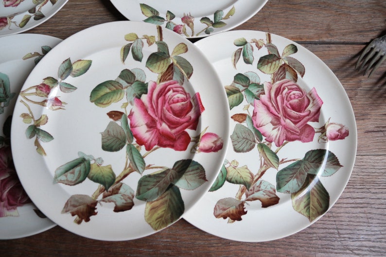 Set of 5 antique English ironstone flat dinner plates. Botanical print. Polychrome Victorian roses. George Jones & Sons crescent. Our Roses image 5