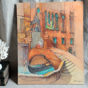 Acuarela vintage francesa de Venecia, Italia. Antoine Augustin Pochet 1887-1975. Canales de Venecia Góndola Casas venecianas Pasteles brillantes