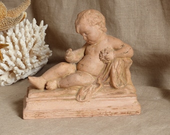 Antique french signed terracotta statue of a child holding grapes. Cherub sculpture. Child. Baby sculpture. French antique figurine