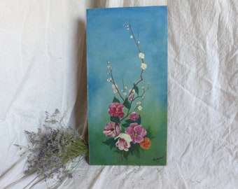 French vintage floral panel painting. Flower oil painting on wood panel. Apple blossom. Signed. Shabby french cottage decor. Garden cottage