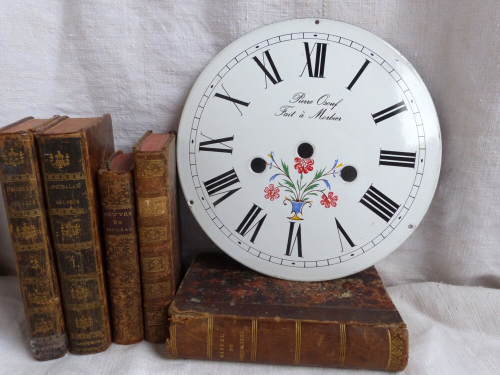 Grand Cadran Émail Français Antique. Cadran Émaillé Grand-Père. Fleurs Peintes à La Main. Script Fra