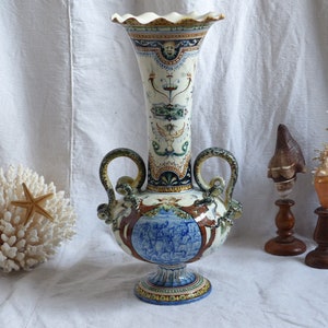 Antique Italian Renaissance style decor amphora vase. Handmade handpainted. Snake handles. Trojan War. Greek mythology. Mythical beasts