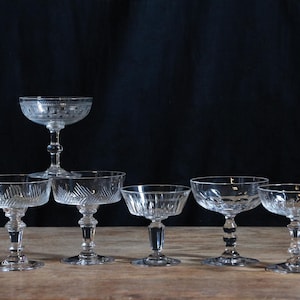Set of 6 mismatched Antique french crystal champagne coupes. Mouth blown crystal champagne glass set Baccarat/St. Louis late 1800-early 1900