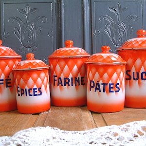 Set of 5 Vintage french enamel kitchen canisters. Red-orange with diamond pattern french canisters. Orange Red enamel canisters.