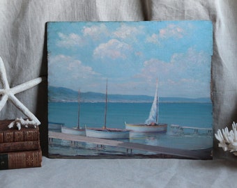 Antique french oil on wood painting. Sail boats Seaside water landscape. Mediterranean H.C. Angeniol 1870-1959. Pastel colors. Beach house