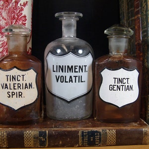Antigua colección de botellas de farmacia de vidrio francés. Botellas de farmacia de vidrio antiguo con esmalte y etiqueta pintada. Conjunto de 3. Gabinete de curiosidades.