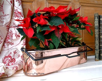 Antique french copper fish kettle. Very large. Professional copper pot. Rolled top with riveted brass handles. Copper flower planter