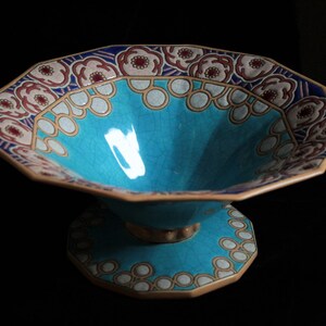 Antike französische Art Deco Fußschale. Longwy crackleware glaze Große Servierschale. Obstschale. Art Deco Dekor. Kollektion Keramik. Majolika Bild 5