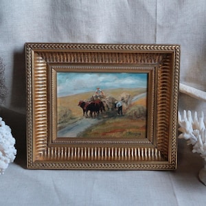 French vintage framed impressionist oil on wood hay wagon painting. French country Provence Agricultural sunny day farmhouse Cottage decor
