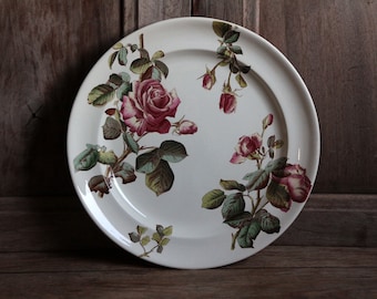 Antique English ironstone large round platter. Botanical print. Polychrome Victorian roses. George Jones & Sons crescent. Our Roses