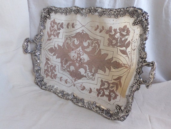 Antique Giant Silverplate Serving Tray Grape Vine Motif Etsy