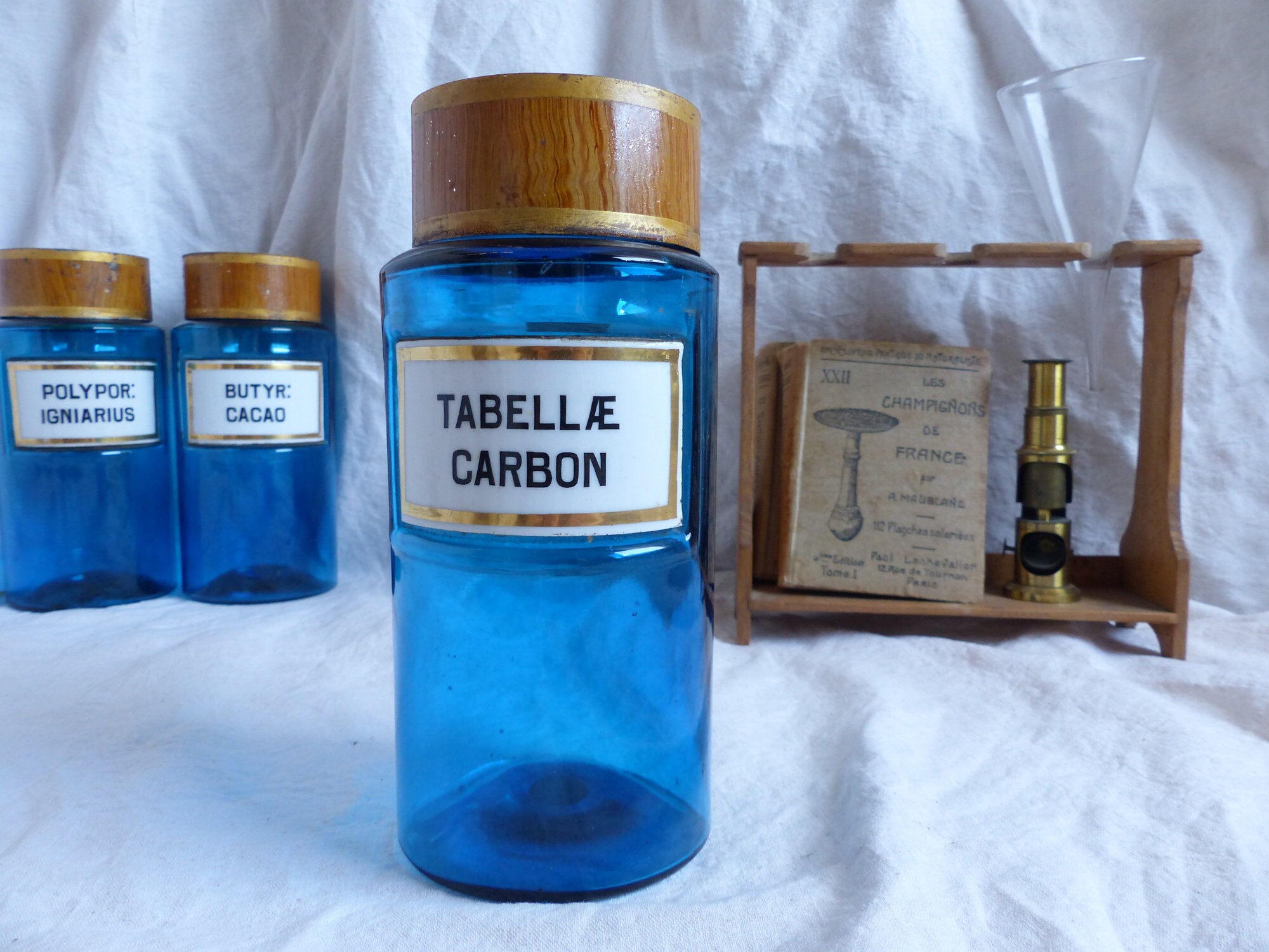 Une Rare Français de Verre Bleu Aqua Grande Bouteille Pharmacie avec Étiquette Porcelaine Dorée. Pot