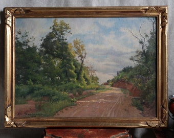 Antique french framed landscape oil painting. Théodore L'Espinasse 1846-1918. Romantic french landscape painting. French Impressionism