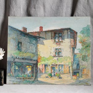 Acuarela vintage francesa de Perouges, Francia Antoine Augustin Pochet 1887-1975. El pueblo más bonito de la región de Beaujolais Pasteles de Borgoña