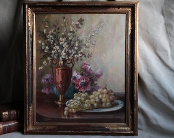 Antique french gilt wood framed oil painting still life. Flower painting Pussy willow branch grapes Palm Sunday Early 1900s  signed J Dufour