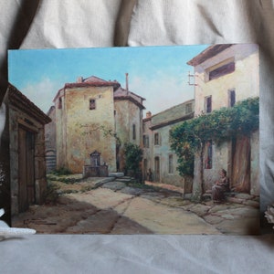 French vintage large oil painting of village square. Provence France. Pierre Commarmond 1897-1983. South of France. Beautiful french village