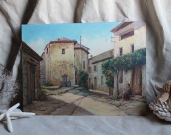 French vintage large oil painting of village square. Provence France. Pierre Commarmond 1897-1983. South of France. Beautiful french village