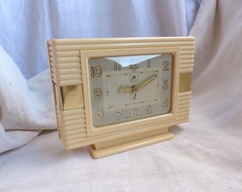 Antique french art deco mechanical alarm clock. Ivory bakelite & brass 1930s alarm clock. Art deco style. Man cave Gift for man. Fathers day