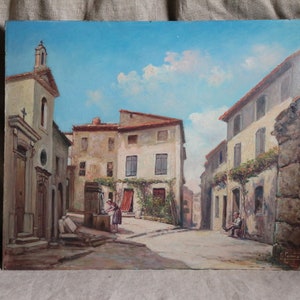 French vintage large oil painting of village square. Provence France. Pierre Commarmond 1897-1983. South of France. Beautiful french village