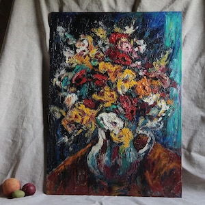 French vintage impressionist flowers oil painting. Expressionist flower painting Dark jewel tone color French impressionist painting Signed