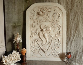 Antique french small carved painted wood panel. Renaisssance style sculpted wood panel. French Chateau. Cornucopia fruits. Arabesques