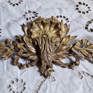 Antique french gilded bronze ormoulu furniture pediment. Seashell motif Antique furniture hardware. Louis XVI style  Repurpose DIY furniture