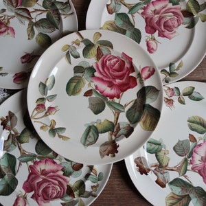 Set of 5 antique English ironstone flat dinner plates. Botanical print. Polychrome Victorian roses. George Jones & Sons crescent. Our Roses image 4