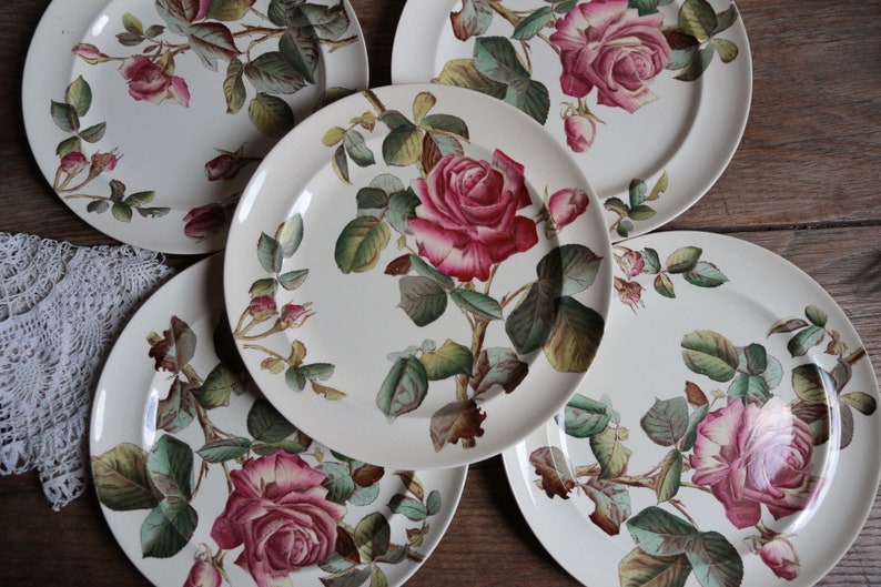 Set of 5 antique English ironstone flat dinner plates. Botanical print. Polychrome Victorian roses. George Jones & Sons crescent. Our Roses image 4