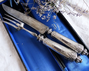 Antique french .950 silver meat carving set. Napolean III era silver carving service. Minerva stamp. Antique silverware.