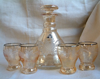 Vintage Bohemian cut crystal decanter with 4 glasses. Pale peach art deco crystal decanter cocktail set. Irridescent crystal. Czech crystal