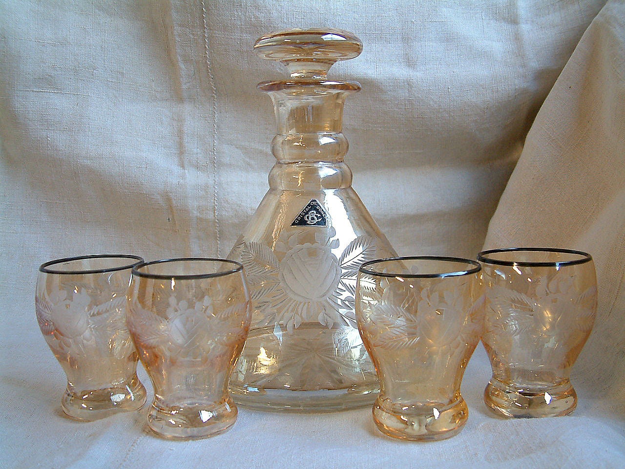 Carafe en Cristal Vintage Boho avec 4 Verres. Ensemble de Cocktails Art Déco Pêche Pâle. Cristal Irr