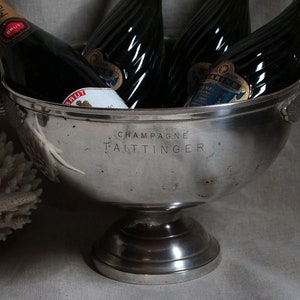 Rare antique french large silver plated champagne bucket. 1930s Taittinger Art Deco swans head champagne cooler. Wedding. New Years image 3